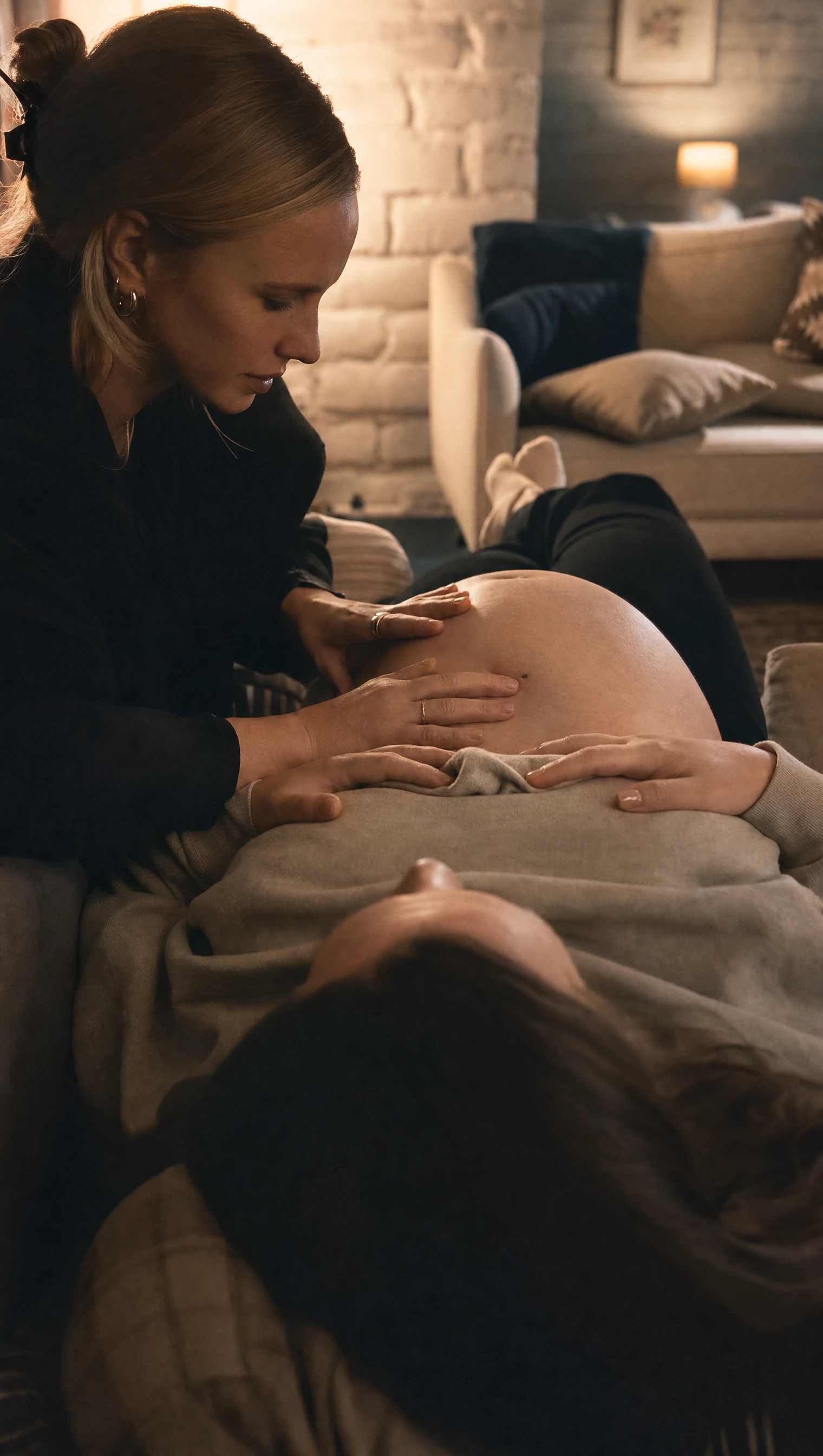 Lani Merrick kneeling beside a pregnant client lying on the floor, both hands resting on her bare belly in a lamplit living room.