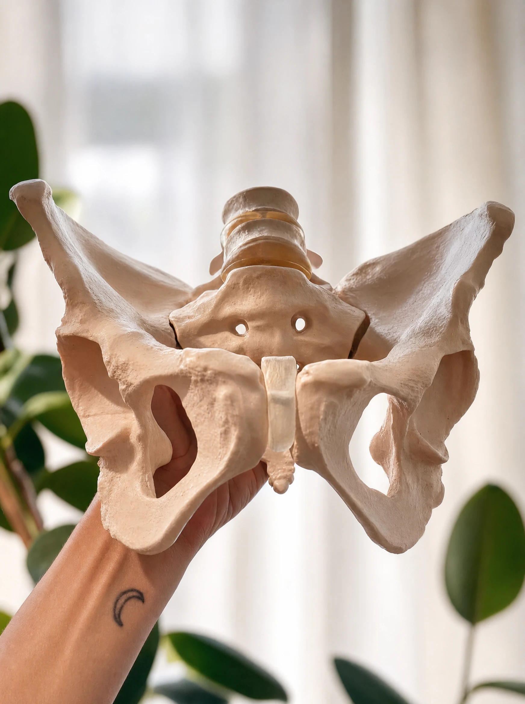 Lani Merrick holding an anatomical model of a pelvis up to the light.